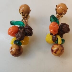 Celluloid | Hong Kong Signed | Fruit & Flowers | Clip-On Earrings